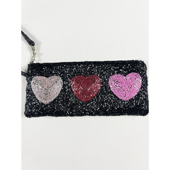 Liz Claiborne Beaded Wristlet Satin Y2K Hearts Black Goth Glam Kidcore Going Out - Picture 2 of 12